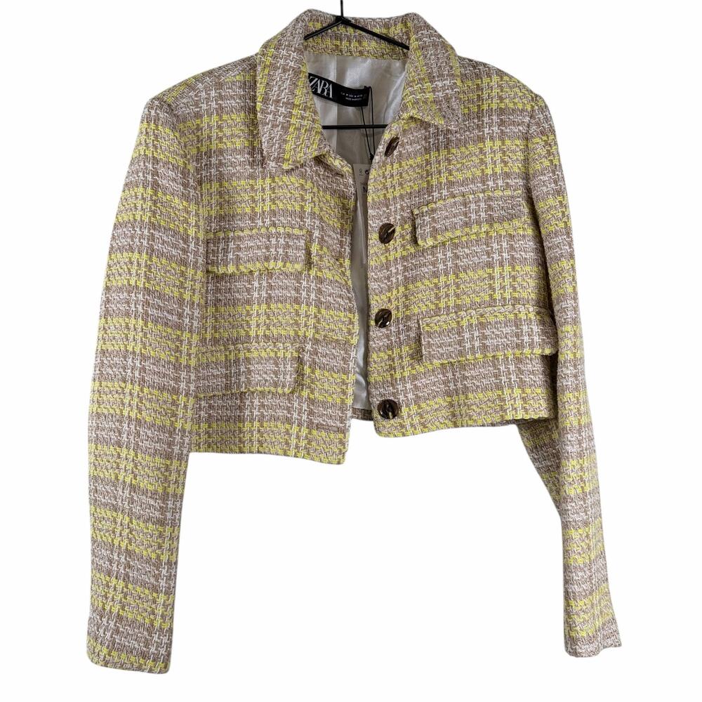 NWT Zara Textured Crop Blazer Yellow & Brown Plaid Pocket Chic Preppy Size M - Picture 2 of 9